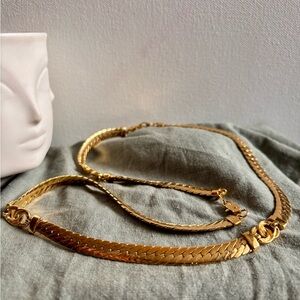 Gold Herringbone Chain Necklace - Shiny Gold Tone